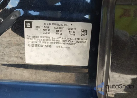 2013 Chevrolet Sonic Lt Auto z USA, uszkodzony, nr VIN 1G1JC5SH7D4172691